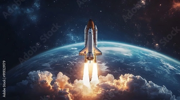 Fototapeta New space rocket lift off. Space shuttle with smoke and blast takes off into space on a background of blue planet earth with amazing sunset. Successful start of a space mission. Travel to Mars