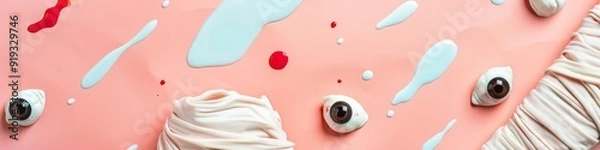 Fototapeta Abstract pink background with white and red splatters, and toy eyes.