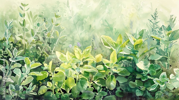 Fototapeta Detailed watercolor of a herb garden, sage, marjoram, cilantro, soft morning mist
