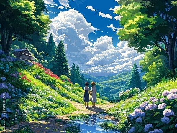 Fototapeta Two girls walk together on a path through a flower-covered hillside, surrounded by lush greenery, trees, and mountains under a bright blue sky filled with puffy white clouds