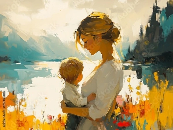 Fototapeta A mother lovingly holds her child while standing by a serene lake, surrounded by vibrant flowers and abstract natural scenery, creating a warm and tender moment.