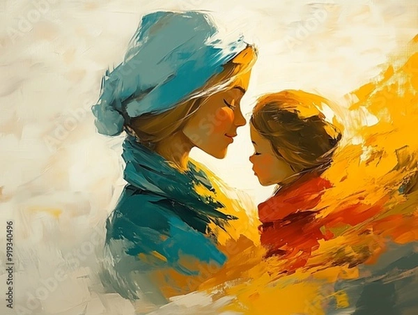 Fototapeta A tender moment between a mother and child, their foreheads gently touching, depicted in vibrant, abstract oil painting style with warm and cool tones blending harmoniously.