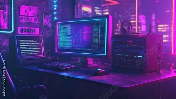Fototapeta Computer on the table in cyberpunk style, nostalgia 80s, 90s. Neon night lights vivid colors. Concept of technology. Ai generation