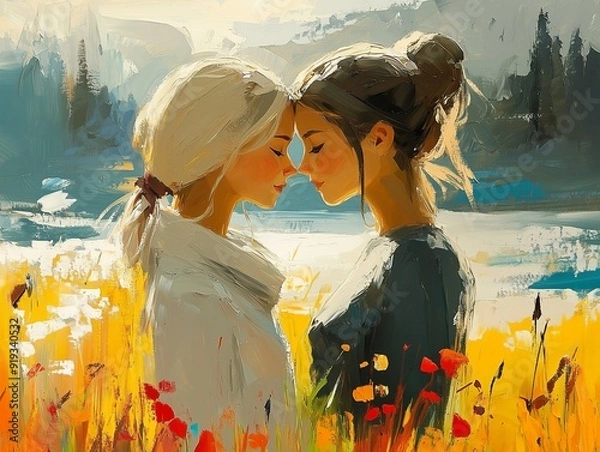 Fototapeta Two women share an intimate moment with their foreheads touching, depicted in an abstract oil painting with vibrant colors, blending warm yellows, reds, and cool blues.