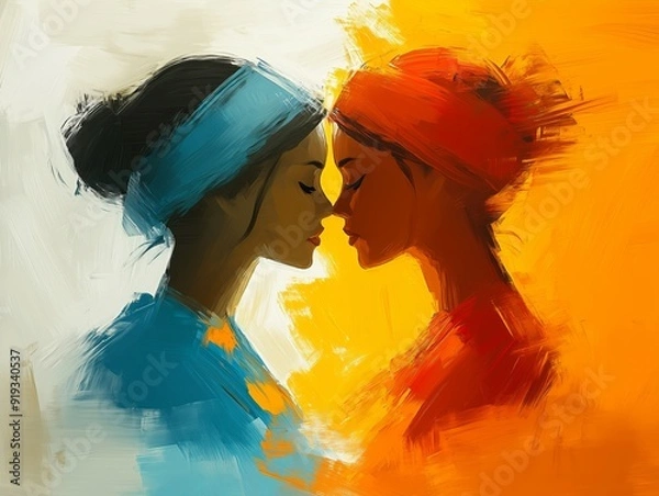 Fototapeta Two women facing each other with their foreheads touching, painted in an abstract style with bold brushstrokes. 