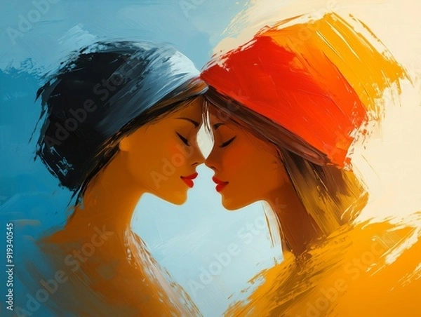 Fototapeta Two women with their foreheads touching, depicted in an abstract oil painting. The image features vibrant colors, with one woman in warm tones of red and yellow, and the other in cool blue hues.