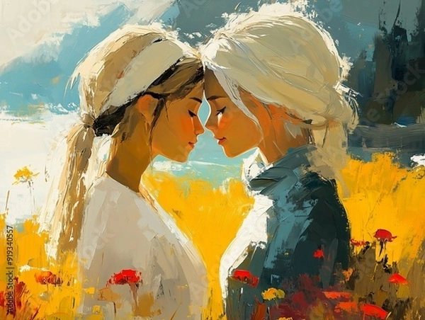 Fototapeta Two women facing each other with their foreheads touching, surrounded by vibrant yellow and orange flowers, expressing deep affection in an abstract, painterly style.