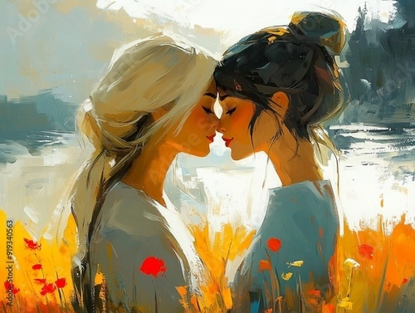 Fototapeta Two women with their foreheads touching, standing close in a field of vibrant orange and yellow flowers, symbolizing deep affection and connection, depicted in an abstract oil painting style.