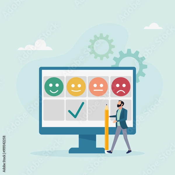 Fototapeta Mood concept. Emotions are scaled on a computer screen. Excellent, good and normal, bad and terrible. Vector illustration.	