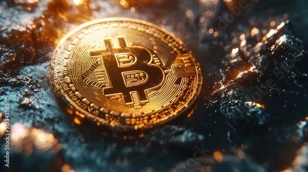Fototapeta The Golden Coin of Bitcoin, Digital Cryptocurrency. Mining or blockchain technology, New Virtual money concept. Ai generation