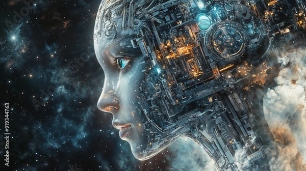 Fototapeta A Captivating and Futuristic Cybernetic Portrait Set Beautifully Against the Vastness of Space