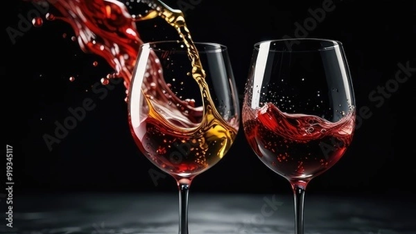 Fototapeta Two glasses of red and white wine collide in a dance