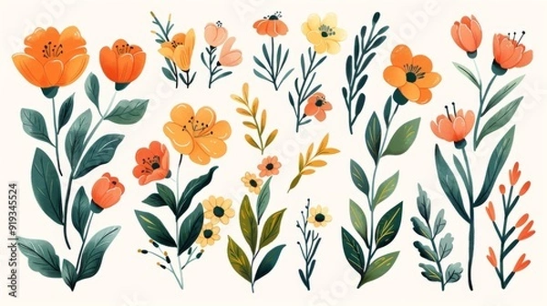 Fototapeta Collection of detailed spring flower elements with bright colors and delicate foliage, ideal for Easter