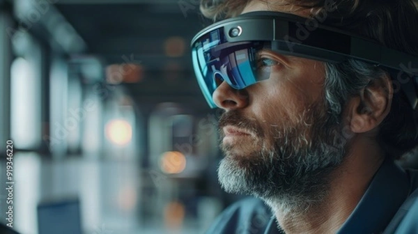 Fototapeta Professional in a modern office, using a futuristic AR interface with a headset for marketing projects