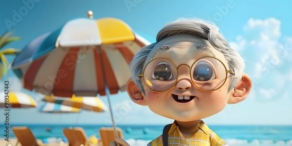Fototapeta Adorable 3D elderly character on a seaside vacation, featuring a cute and playful design, enjoying a peaceful and relaxing time by the ocean. This charming scene captures the warmth and joy of travel 