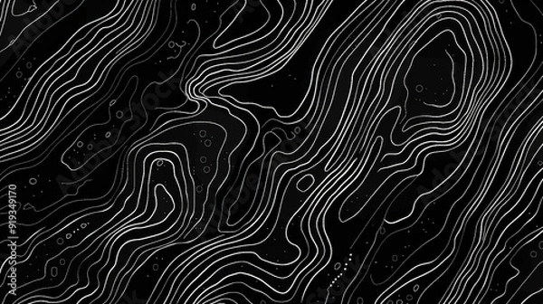 Fototapeta Monochrome topographic lines on dark background, abstract terrai