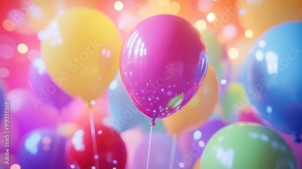 Fototapeta Rainbow and colorful balloons. Birthday party 3d background. Mockup, template for greeting card. Ai generation