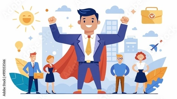 Fototapeta The businessman fosters trust through open communication, motivates with enthusiasm, and creates a positive work environment where employees feel valued and empowered to achieve their full potential.