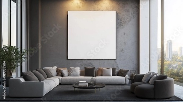 Fototapeta A sofa and a blank banner hanging on the wall define this modern minimalist living room.	
