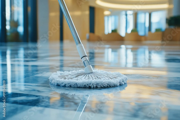 Fototapeta A mop in use, ensuring thorough cleanliness on the marble floor of a corporate lobby