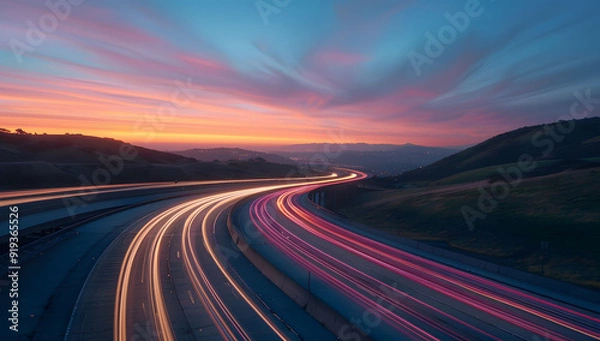 Obraz A long exposure photo of a highway at sunset, with light trails from cars creating streaks across the horizon. The road leads into the distance, with hills in the background, evoking a sense of speed.