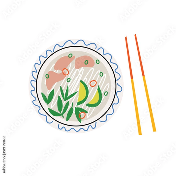 Fototapeta Vector illustration with pho bo soup plate and chopsticks. Modern flat design