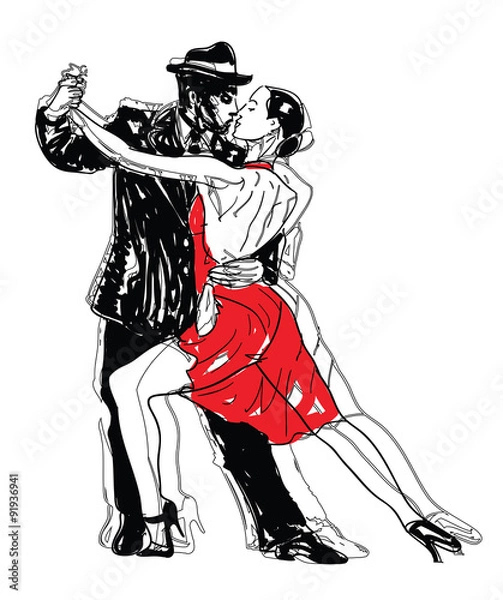 Obraz PrintSketched Tango Dancers in Red and Black