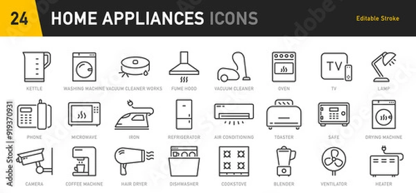 Fototapeta Home Appliances web icons in line style. Household appliance, vacuum cleaner, refrigerator, TV, cooking, entertainment, conditioning, dishwasher, collection. Vector illustration.