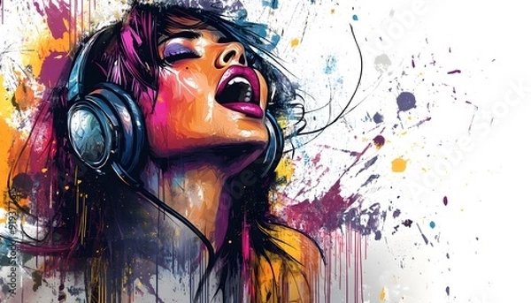 Fototapeta abstract colorful graffiti style illustration of a beautiful woman with headphones singing against a white background, 