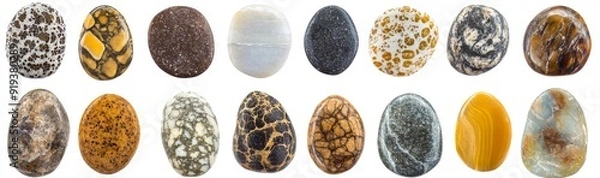 Fototapeta Various coloured and shaped river stones on a transparent background