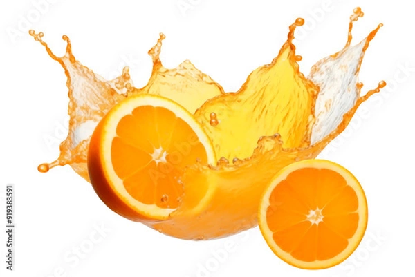 Fototapeta orange juice splash PNG Citrus juice Swirl with flying oranges isolated on a white and Transparent background - Healthy Beverage Cold drink Juicer