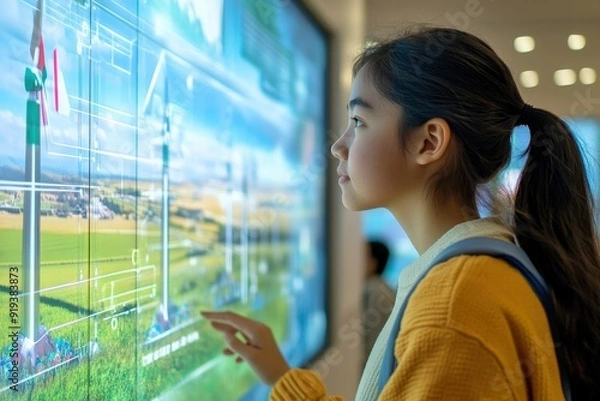 Fototapeta A person closely observing an interactive digital display presenting information about wind turbines and renewable energy.