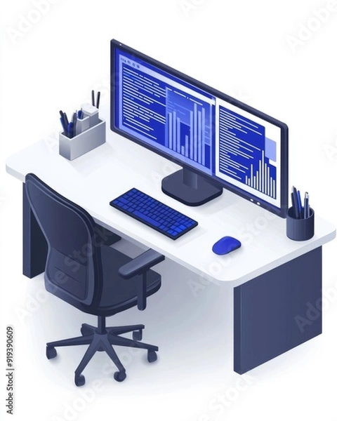 Fototapeta Modern Corporate Environment with Digital Notifications and Supervision Tools in Blue and White Tones - Vector Illustration