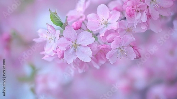 Fototapeta   A cherry tree is blooming with pink flowers, while a blurry background is visible beyond it