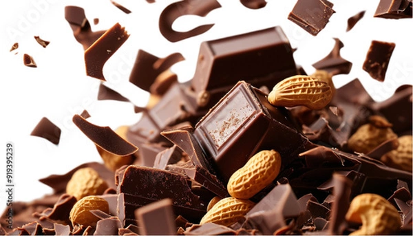 Fototapeta Chocolate pieces falling with chocolate flakes in the air isolated on transparent background, png.
