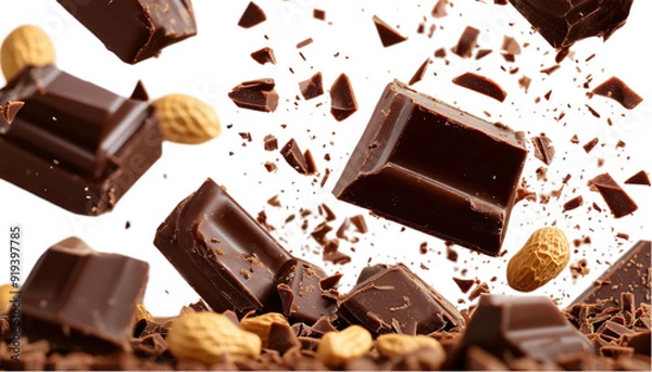 Fototapeta Chocolate pieces falling with chocolate flakes in the air isolated on transparent background, png.