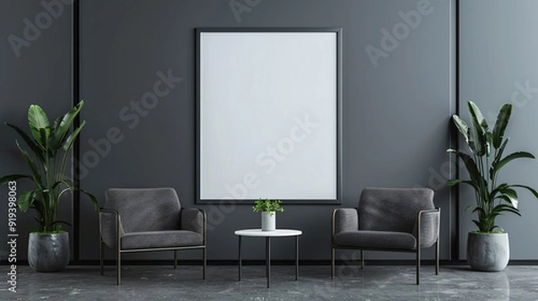 Fototapeta Simple interior design with a blank frame, two armchairs, and potted plants, evoking a sophisticated and welcoming ambiance