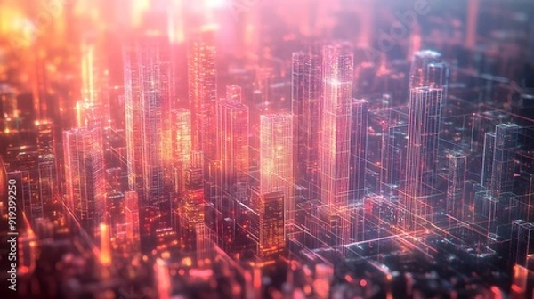 Fototapeta Digital Cityscape with Luminous Skyscrapers and Data Streams, Symbolizing Technological Integration in Urban Life