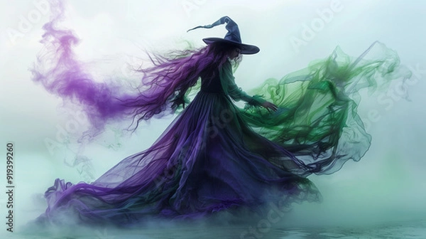 Obraz a witch on white background wearing a outfit made of purple magic smoke	