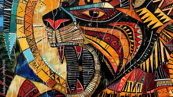 Fototapeta Lions' Roar - art, lion, colorful, painting, abstract, vibrant, animal, tribal, geometric, mosaic, fierce, face, modern, design, bright, texture, detailed, pattern
