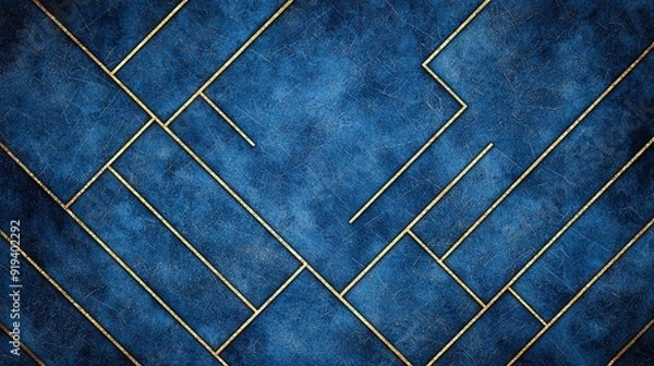 Fototapeta  A blue and gold wallpaper with a grid of squares and rectangles in the center
