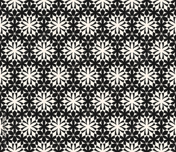 Fototapeta Vector black and white geometric seamless pattern. Abstract monochrome texture with flower silhouettes, mosaic. Elegant monochrome ornament background. Repeated geo design for decor, textile, print