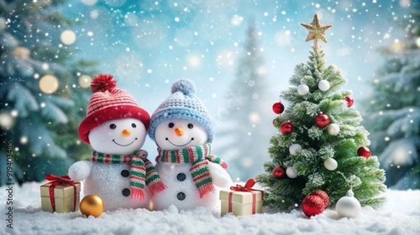 Fototapeta Cute Snowmen Celebrate Christmas with a Decorated Tree.