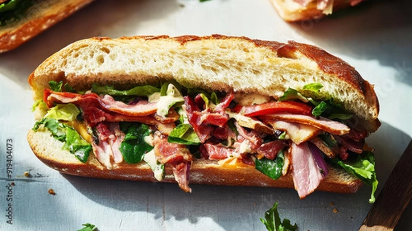Obraz A baguette sandwich with prosciutto, lettuce and cheese, close-up food photography