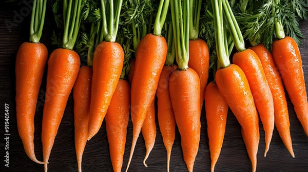 Fototapeta   A cluster of carrots resting on a wooden table, surrounded by water droplets