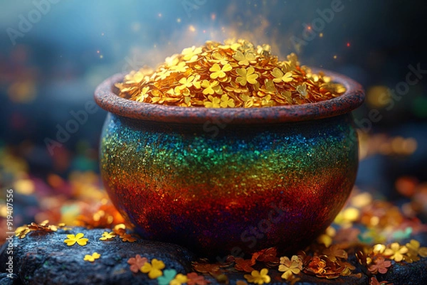 Fototapeta A close-up of a pot of gold at the end of a rainbow