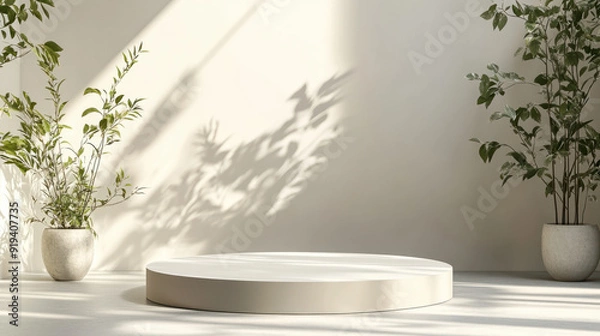 Fototapeta Stylize product placement backdrop,  A blank mockup podium with neutral colors, set against a minimalist backdrop featuring soft shadows and gentle lighting, ideal for presentations