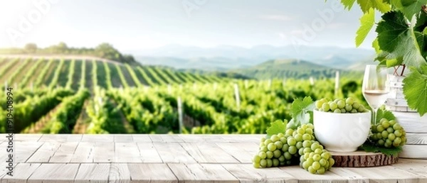 Fototapeta Scenic vineyard with green grape vines, a bowl of grapes, wine glass, and table against a backdrop of rolling hills and cloudy sky.