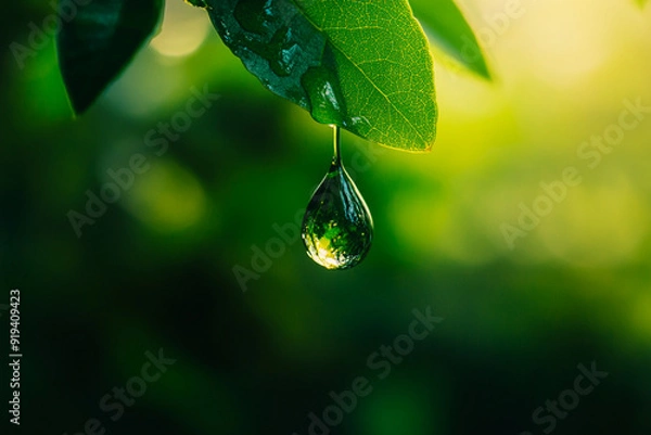 Fototapeta A close-up of a raindrop hanging from a leaf green