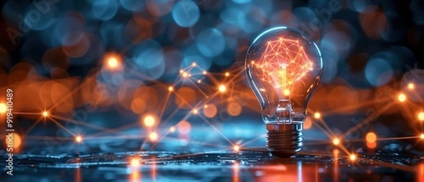 Fototapeta Illuminated light bulb with a glowing network of connections, symbolizing innovation, technology, and creativity in a digital age.